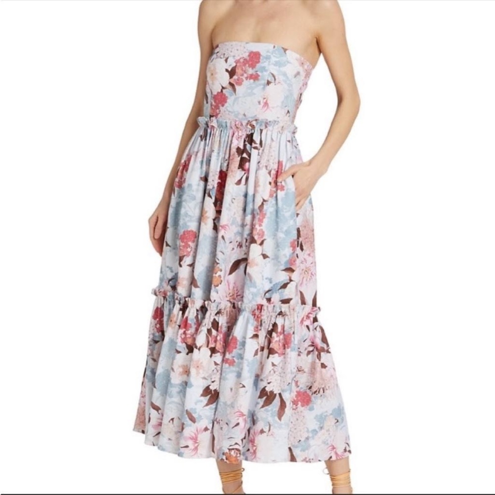Cara Cara Women's Blue Floral Strapless Tiered Linen Midi Dress